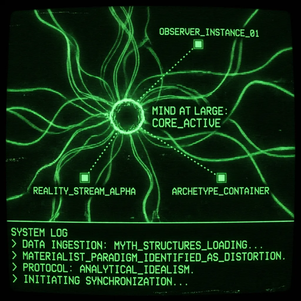 A complex, ancient-looking neural network diagram, intricately wired and glowing, at its center a pulsing node labeled "MIND AT LARGE: CORE_ACTIVE." …