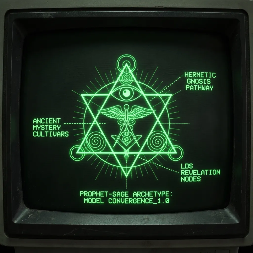 A complex, luminous wireframe sigil at the center of a cartographic terminal display. Three interlocking geometric symbols, representing Enoch, …