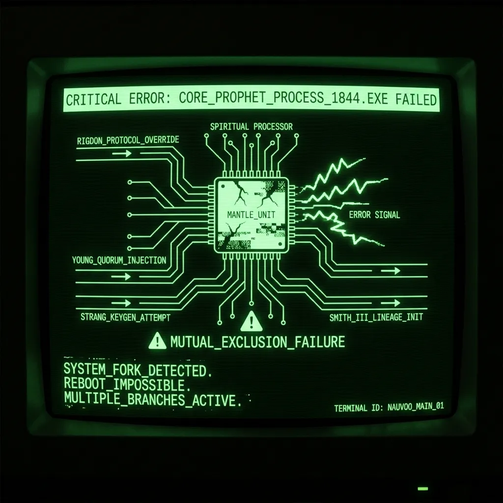 A terminal display showing a 'CRITICAL ERROR: CORE_PROPHET_PROCESS_1844.EXE FAILED'. An intricate, circuit-like diagram of a 'spiritual processor' is …