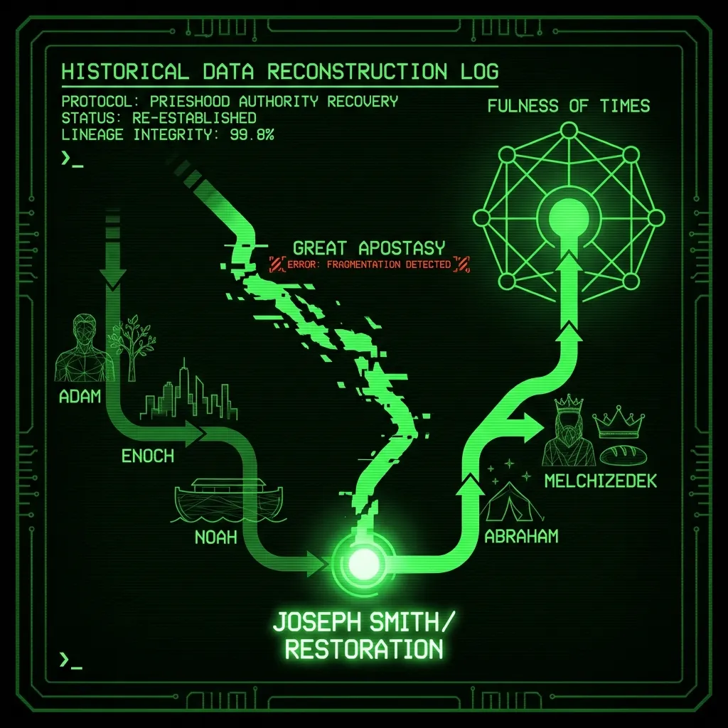 A schematic diagram of an ancient priesthood lineage, displayed as a 'Historical Data Reconstruction Log.' A broken line representing the 'Great …