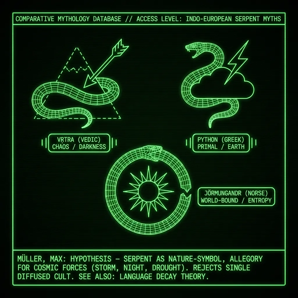 A wireframe schematic diagram of three distinct, abstract serpent figures, each entangled with a geometric representation of an opposing force. One …