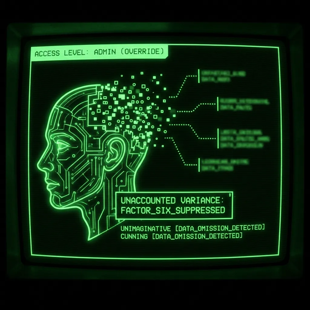 A schematic of a human head, seen from the side, fragments into data points on a 'CLASSIFIED PSYCHOMETRIC AUDIT' display. A specific region, perhaps …
