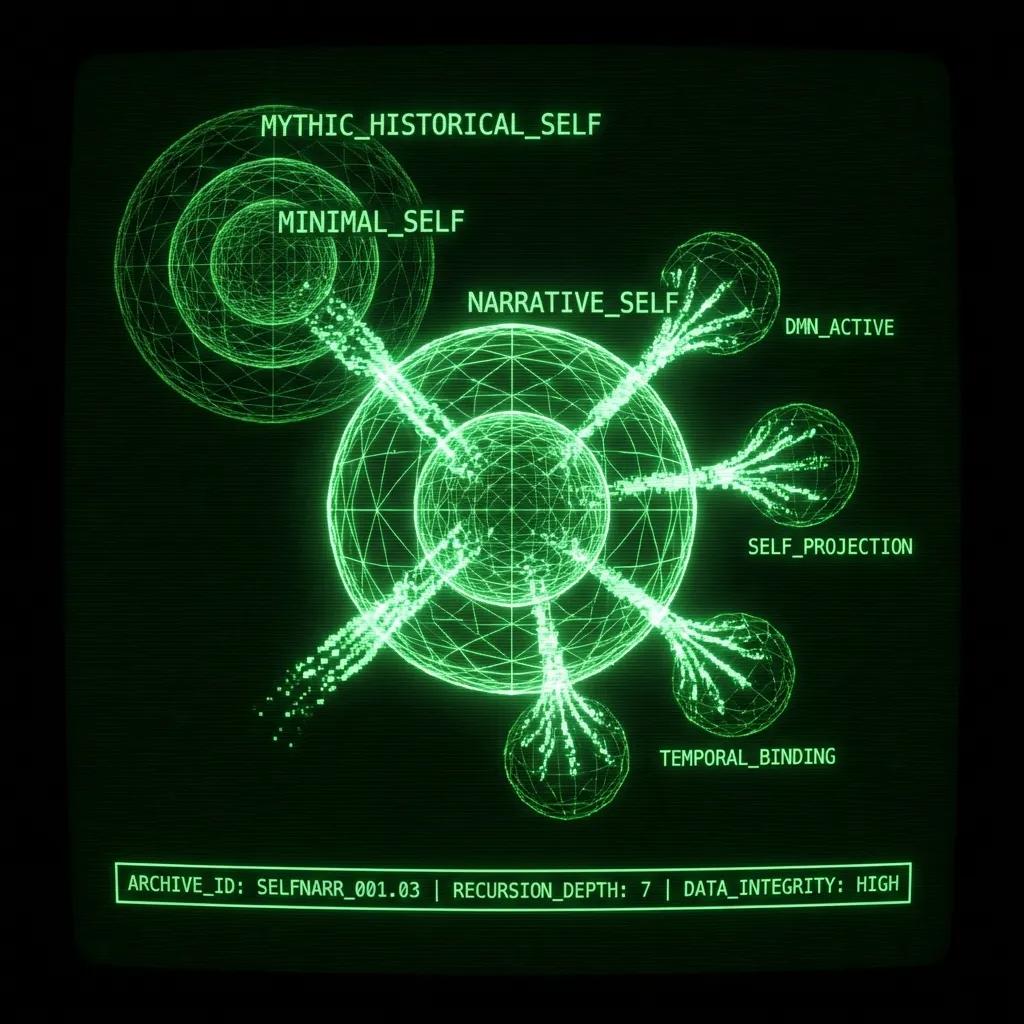 AI-generated cover A recursive data model of the self pulses on an archaeological database terminal. Three nested, glowing wireframe spheres, labeled 'MINIMAL_SELF', …