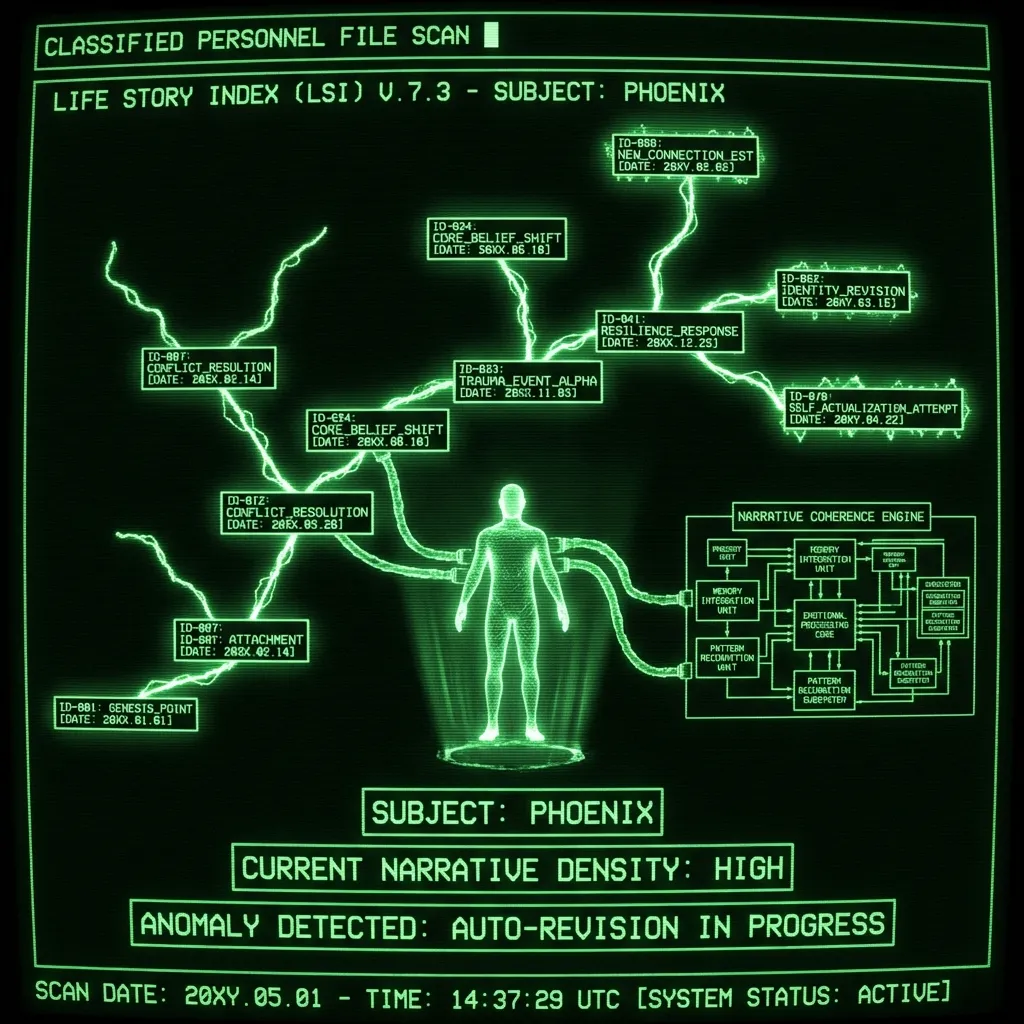 A simulated classified personnel file scan, displaying an evolving 'Life Story Index' graph. The graph pulses as new 'Memory Events' are added to a …