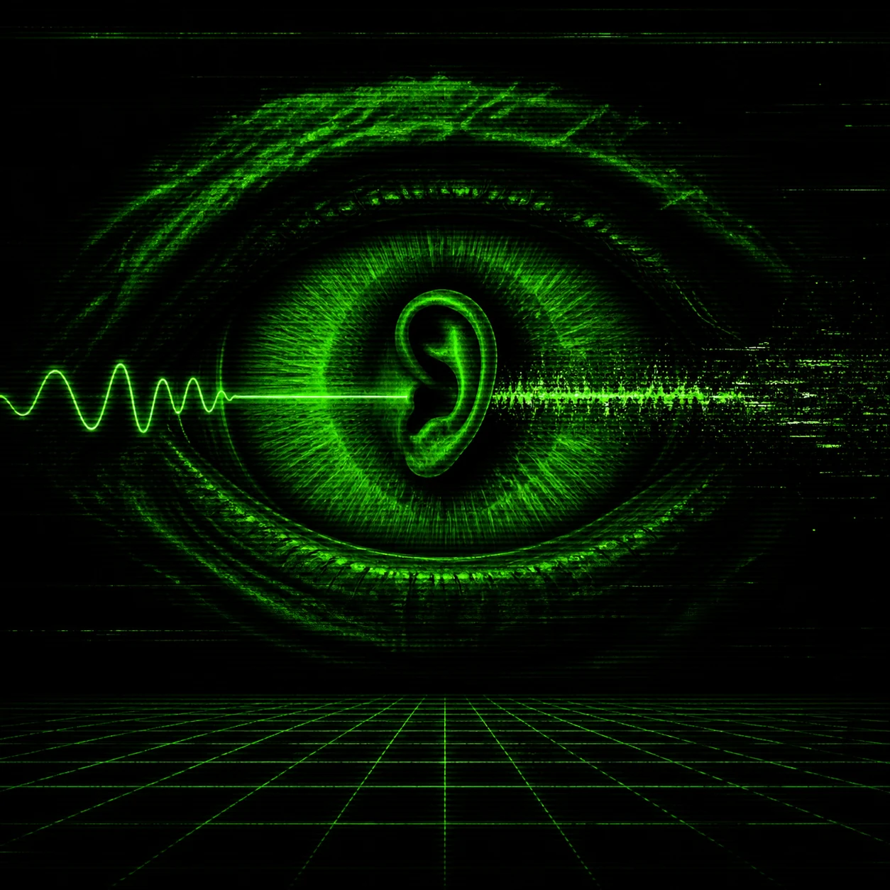 AI-generated cover A predatory eye listens back through a human ear-pupil while a clean signal exits as corrupted static over a synthwave grid.