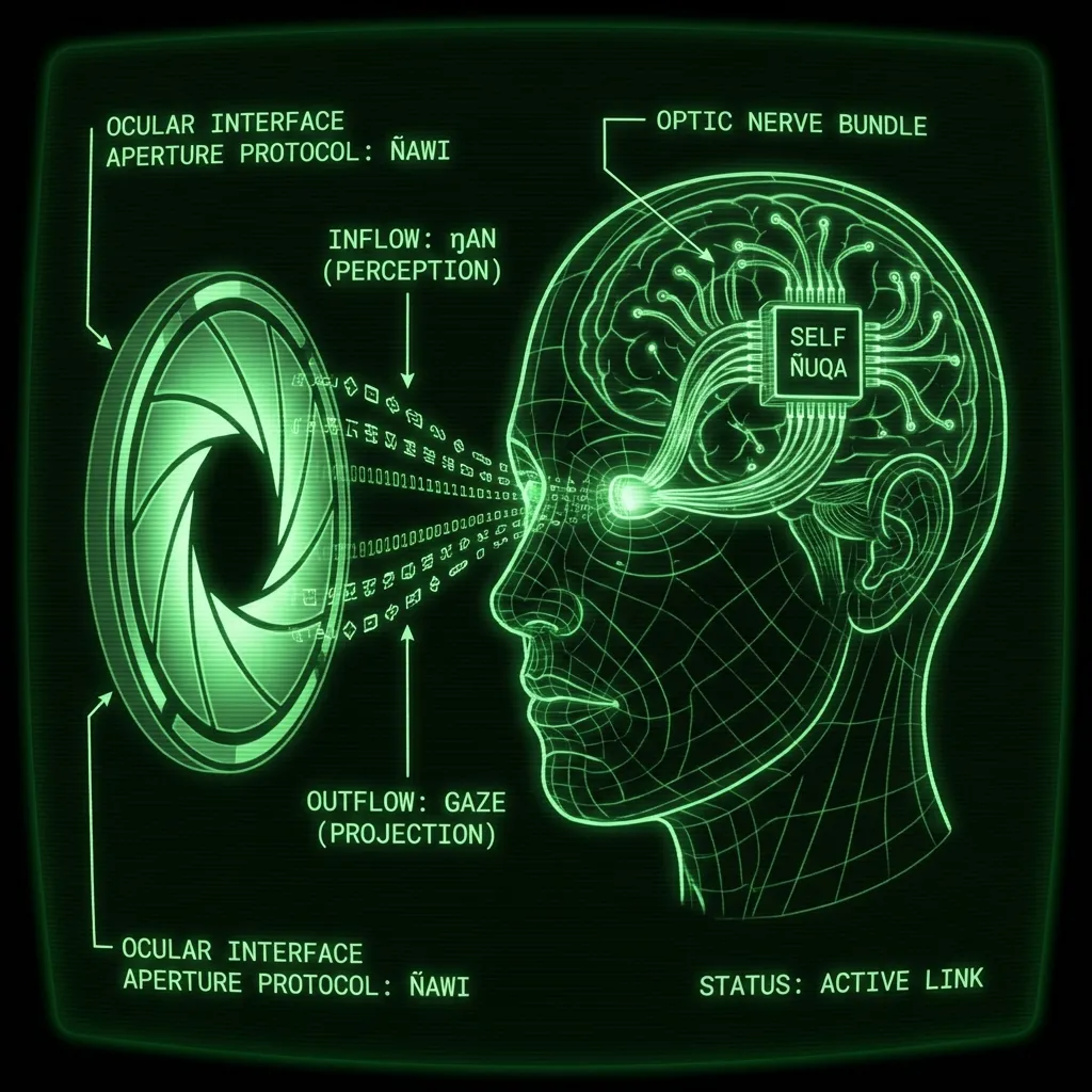 A speculative neurological schematic, focusing on the convergence of 'I' and 'EYE'. A stylized human head silhouette reveals a pulsing wireframe of …