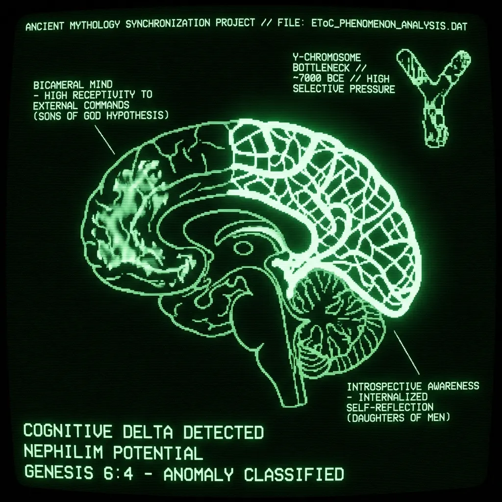 A complex, multi-layered schematic of a human brain unfolds on screen, with a specific region representing the bicameral mind pulsing erratically. …
