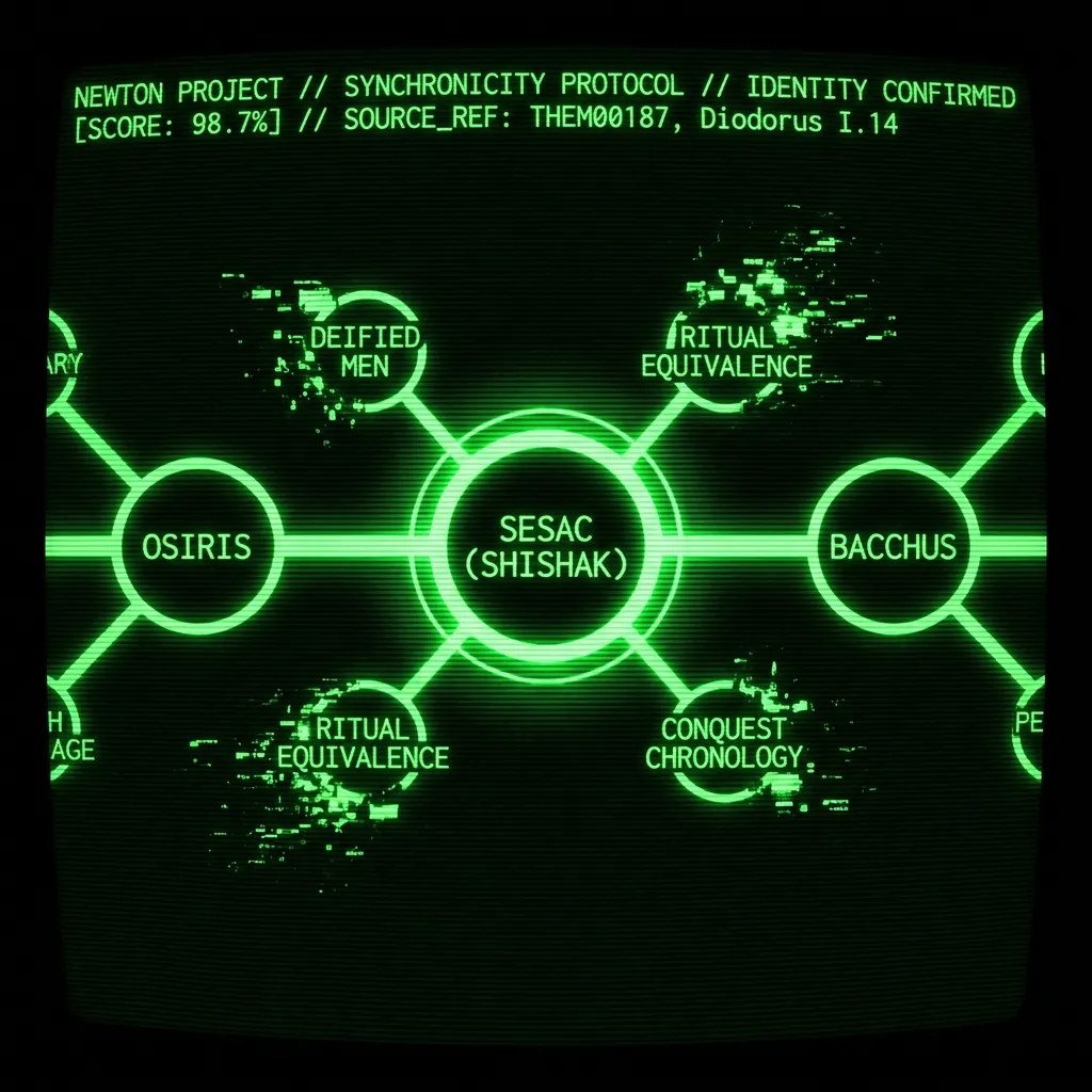 A dense, scrolling archaeological database scan displays a complex network of identified entities. A central node labeled `SESAC (SHISHAK)` pulses …
