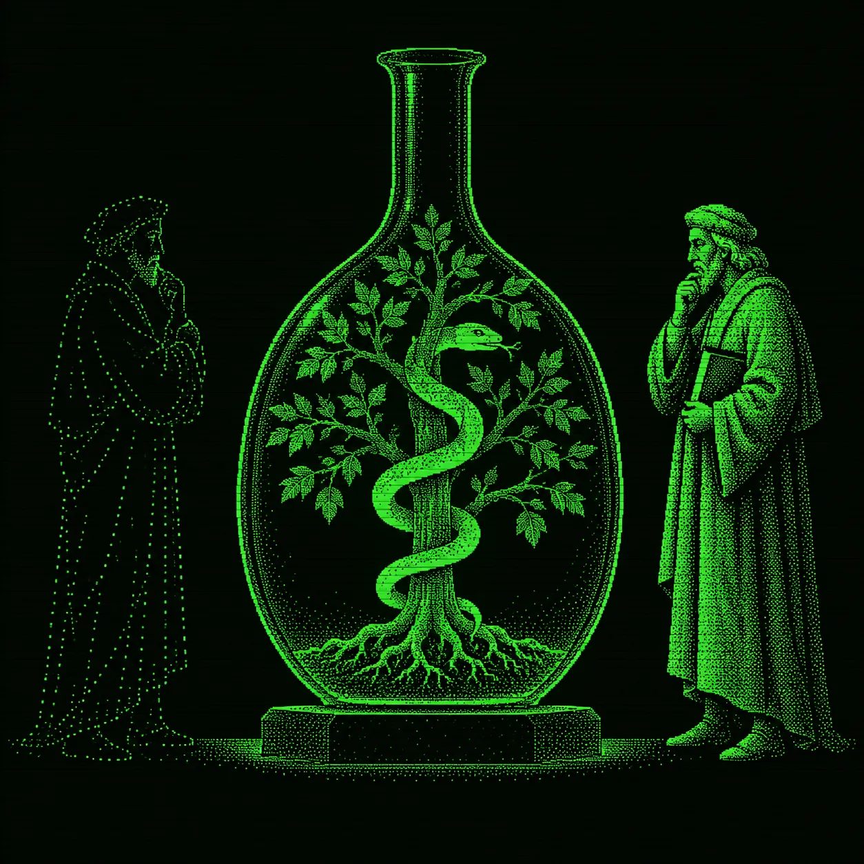 AI-generated cover Two robed scholars flank an alchemical vessel containing a tree and serpent, rendered in green phosphor.