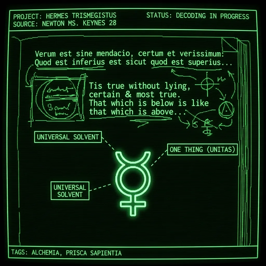 A complex wireframe diagram of a recovered alchemical manuscript page from Isaac Newton's archives. The page, presented as a genetic research log, …