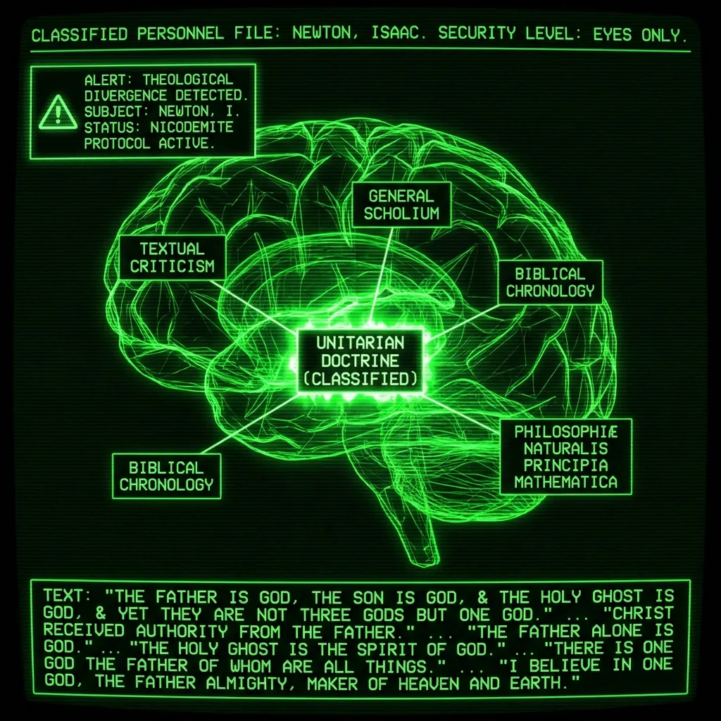 A schematized representation of Isaac Newton's brain as a glowing wireframe network. One specific node, labeled 'UNITARIAN DOCTRINE (CLASSIFIED)', …