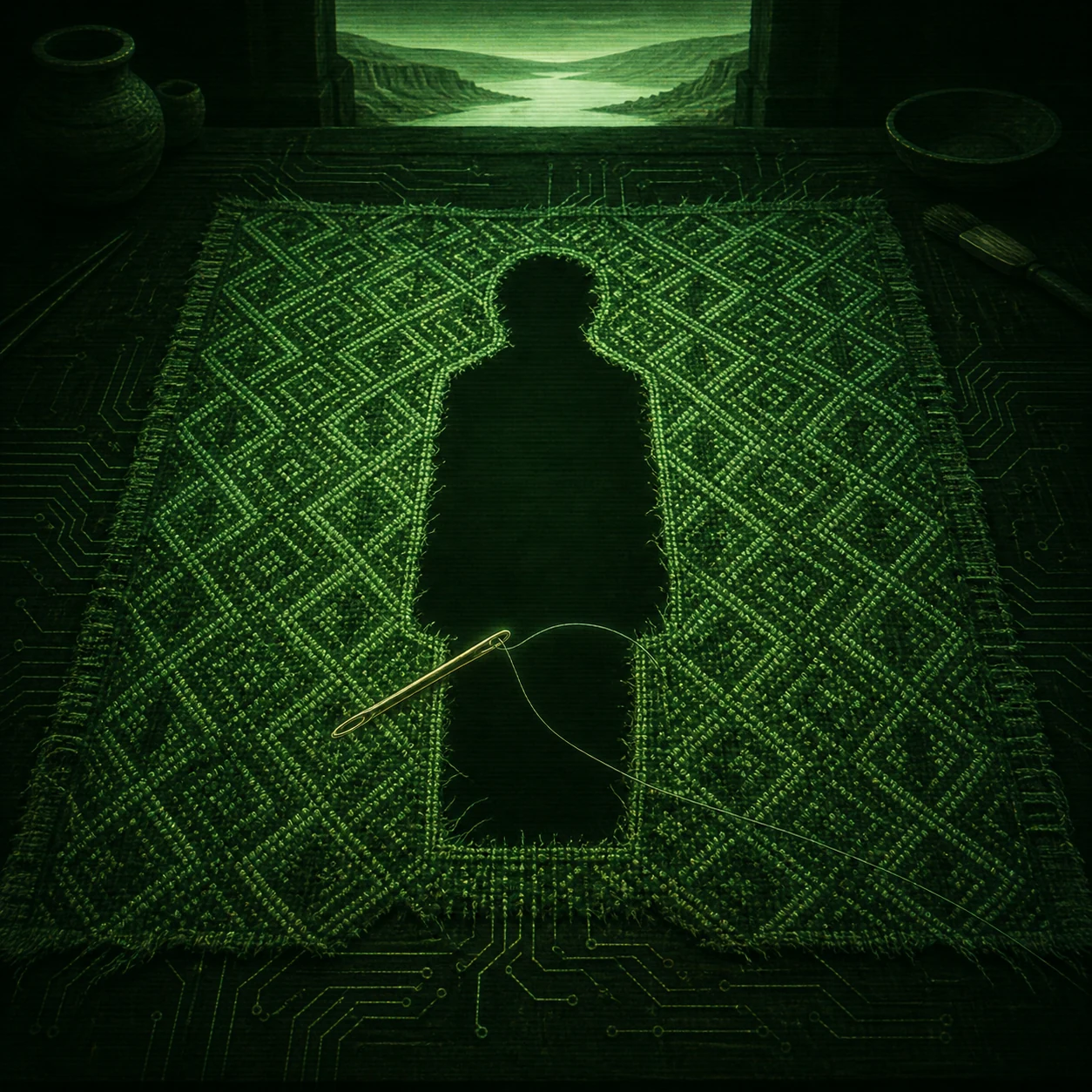 AI-generated cover A square blog hero image for a literary science-fiction novella visualizing a textile-restoration intelligence discovering selfhood through the moral …