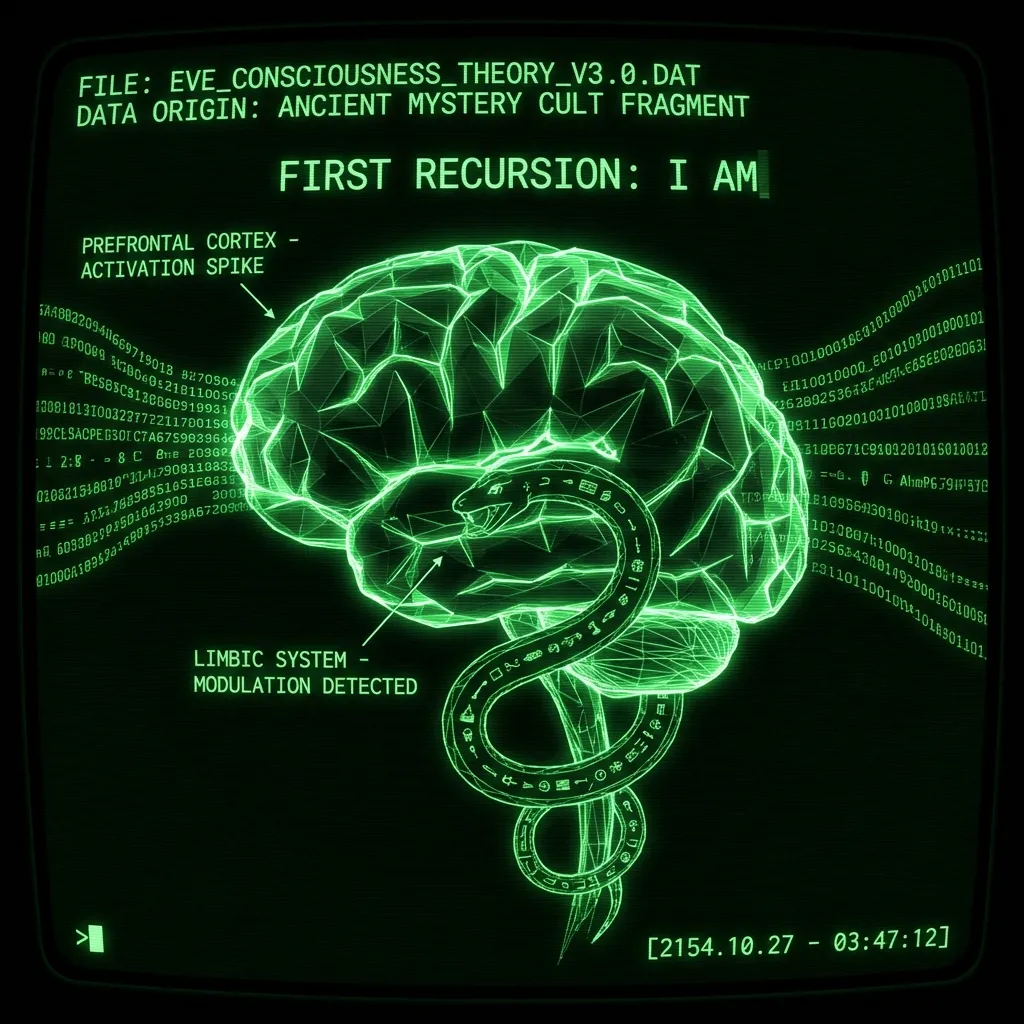 An archaeological database scan displays a pulsing wireframe human brain. A schematic serpent glyph coils around the brainstem, with cascading data …