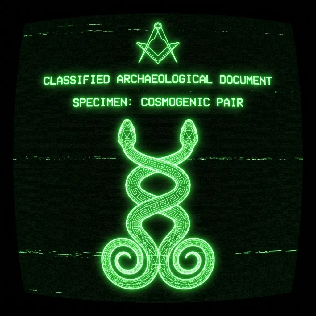 Monochrome phosphor green (#00e300) on pure black background. Retro terminal CRT aesthetic. RECOVERED COSMOGONIC DIAGRAM: Two serpent-bodied figures …