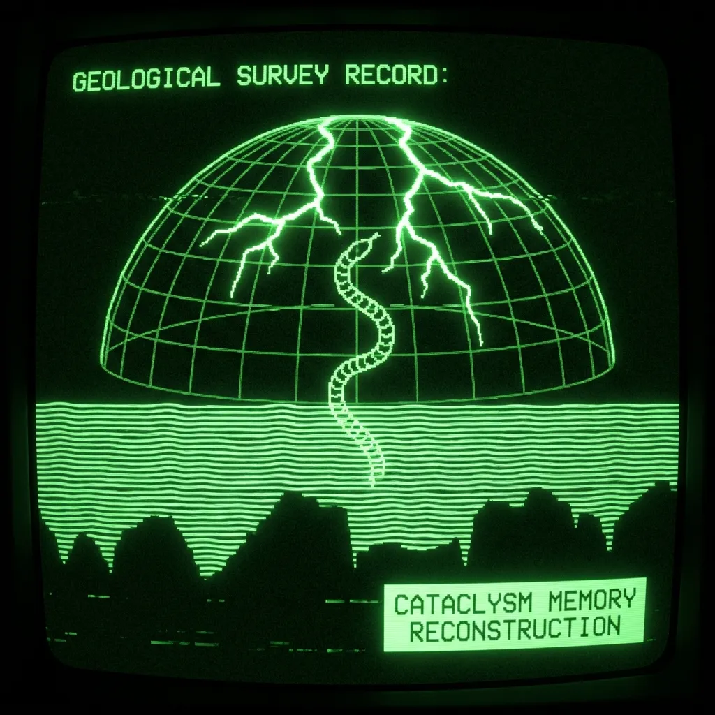 Monochrome phosphor green (#00e300) on pure black background. Retro terminal CRT aesthetic. PALEOGEOGRAPHIC RECONSTRUCTION: Map showing flooded …