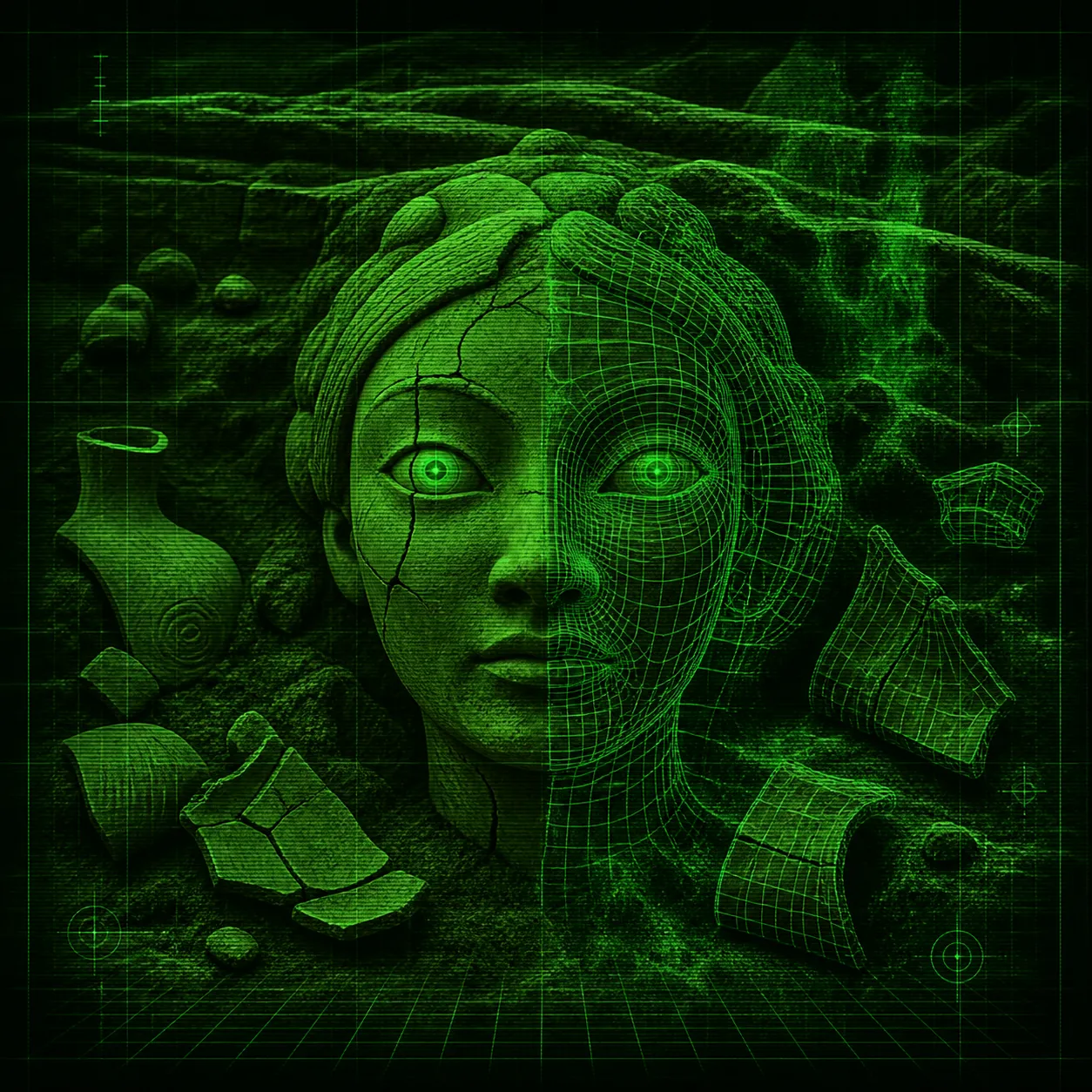 AI-generated cover Square editorial magazine cover, no text. Dark green monochrome CRT terminal archaeology aesthetic on near-black. Central subject: the excavated …