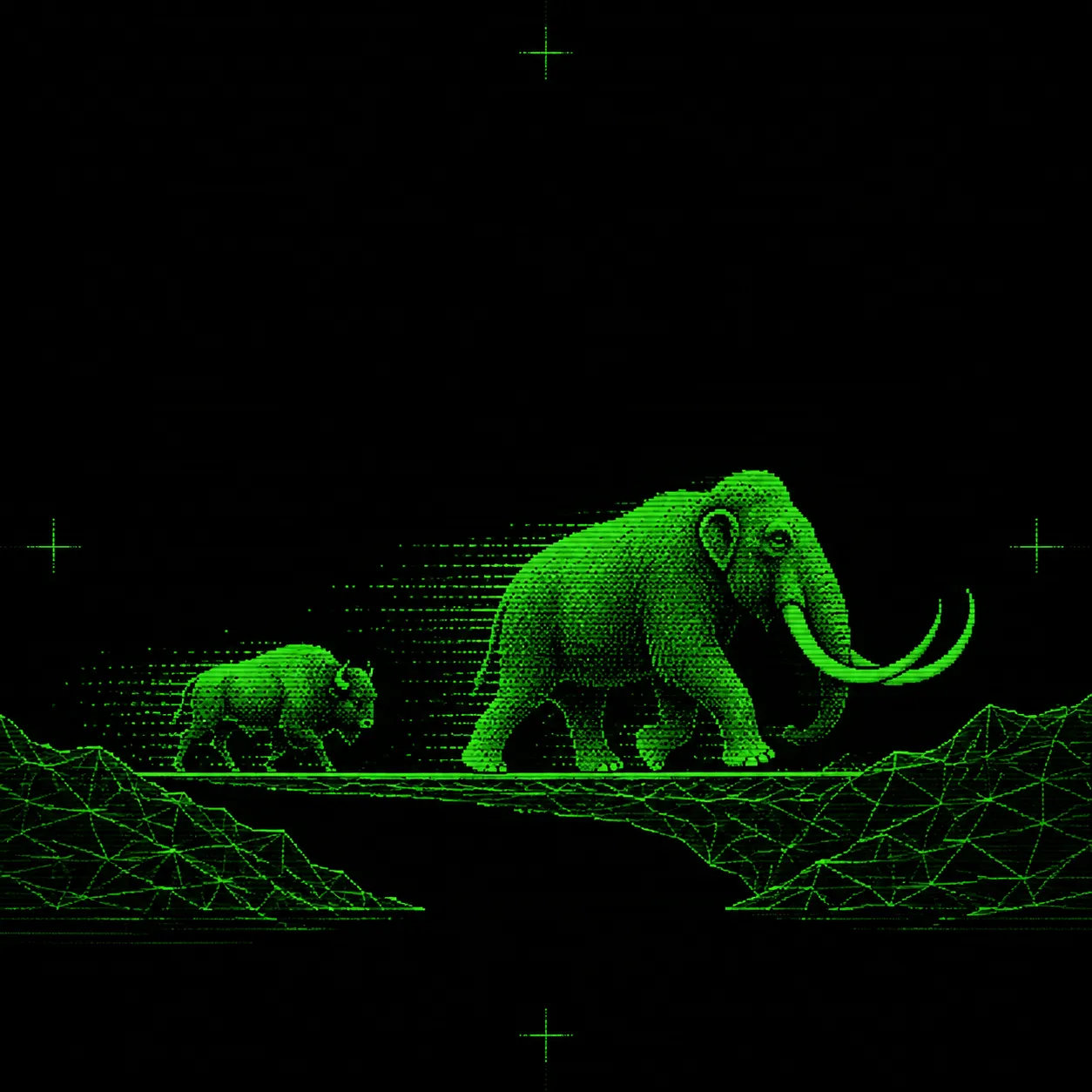 AI-generated illustration; symbolic montage across geological time. A green phosphor mammoth and bison cross angular Beringian terrain in a pixelated 1980s computer illustration.
