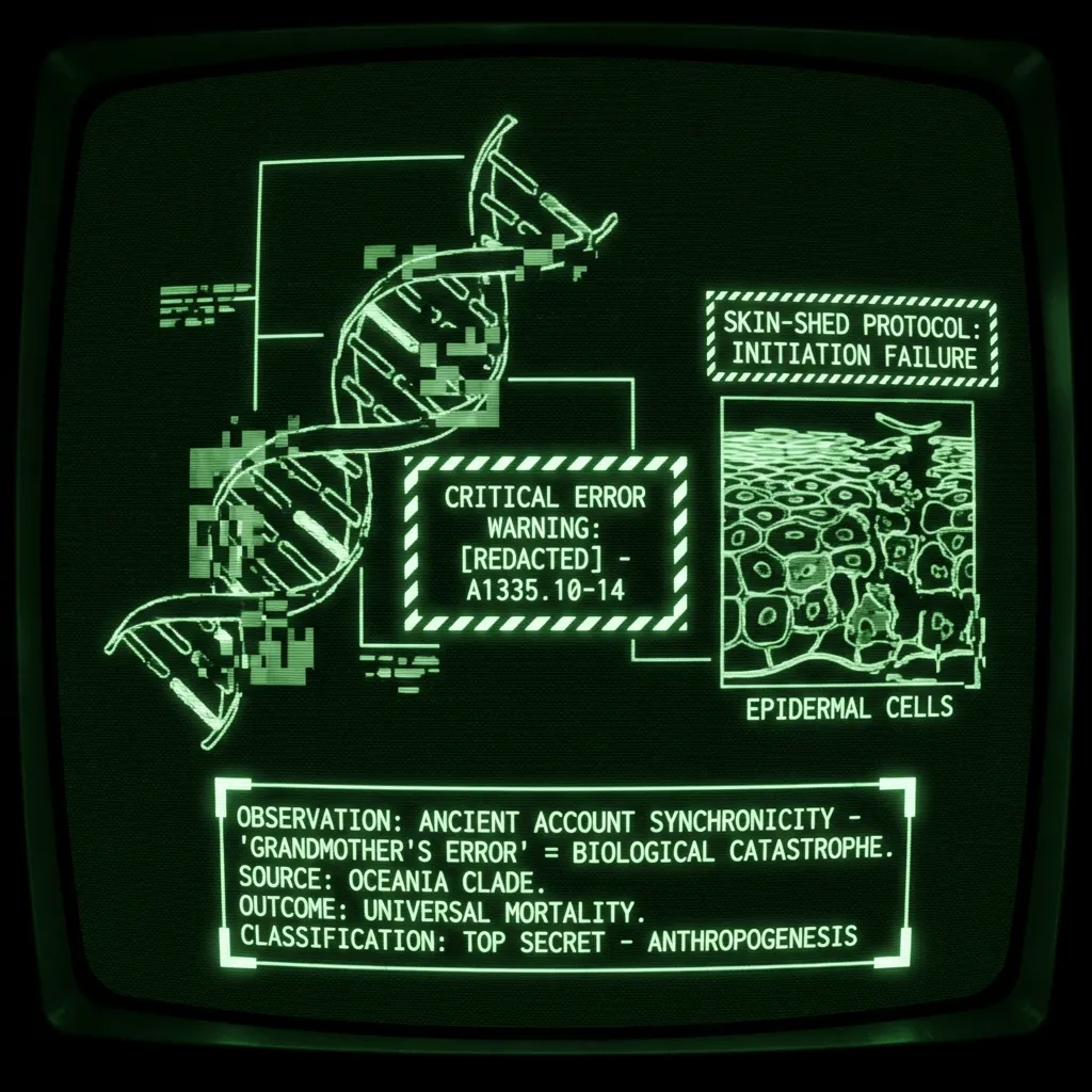 A fragmented, redacted genetic research log displays a schematic human genome map. A specific gene cluster, labeled "[REDACTED] - A1335.10-14", pulses …