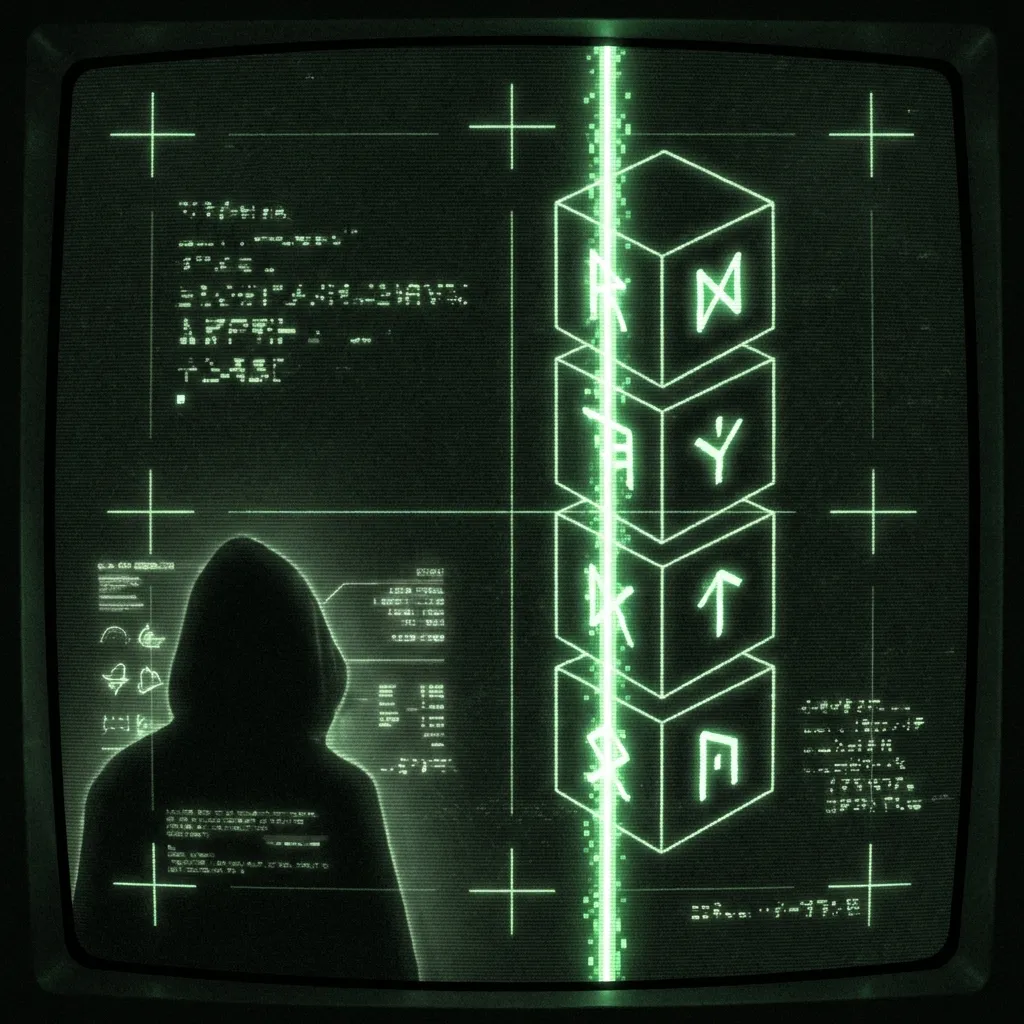 AI-generated cover A mystical, esoteric illustration in dark green monochrome CRT terminal aesthetic. A stack of four 3D wireframe blocks (labeled with abstract runes) …