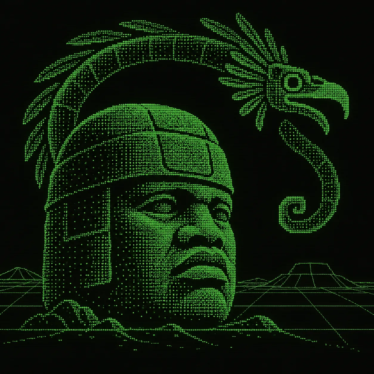 A green dithered Olmec head beneath an arching bird-serpent against black space.