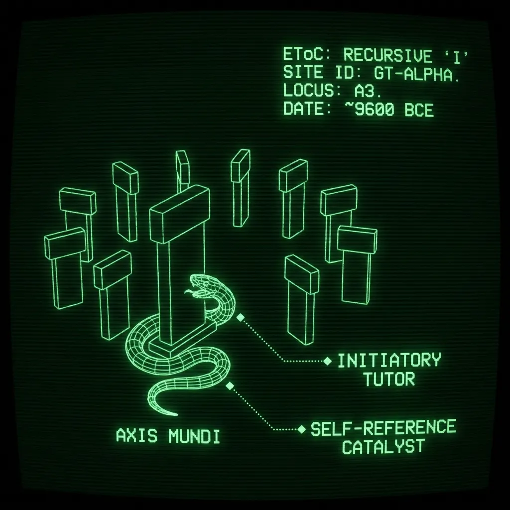 A wireframe schematic of Göbekli Tepe's T-pillars, presented as a high-resolution archaeological database scan. A stylized coiled serpent, highlighted …