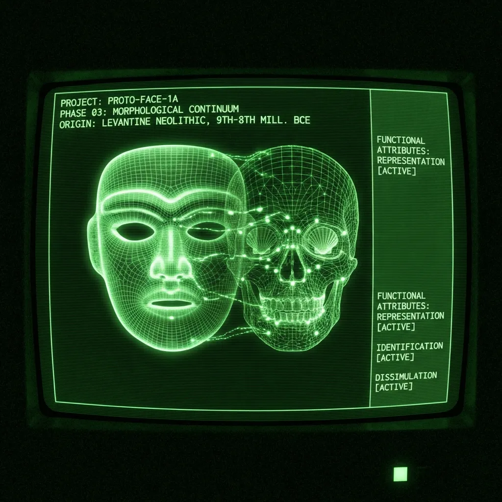 A recovered archaeological database scan displays a phased morphing sequence: a wireframe of the Nahal Hemar stone mask slowly transforms into a …
