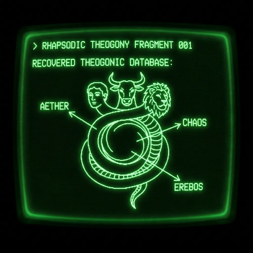 Monochrome phosphor green (#00e300) on pure black background. Retro terminal CRT aesthetic. RECOVERED THEOGONIC DATABASE: Chronos as multi-headed …