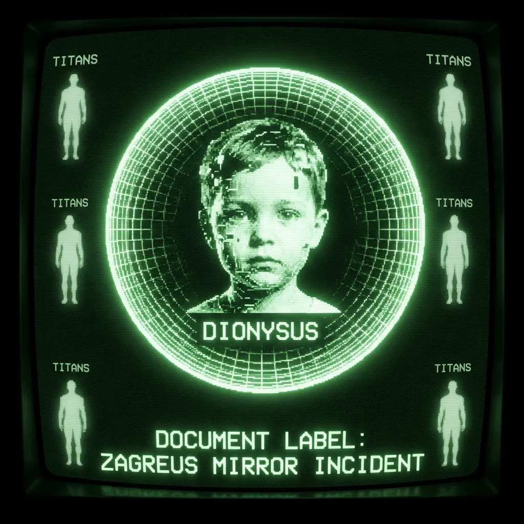 Monochrome phosphor green (#00e300) on pure black background. Retro terminal CRT aesthetic. PHILOSOPHICAL ARTIFACT SCAN: An ancient bronze mirror …