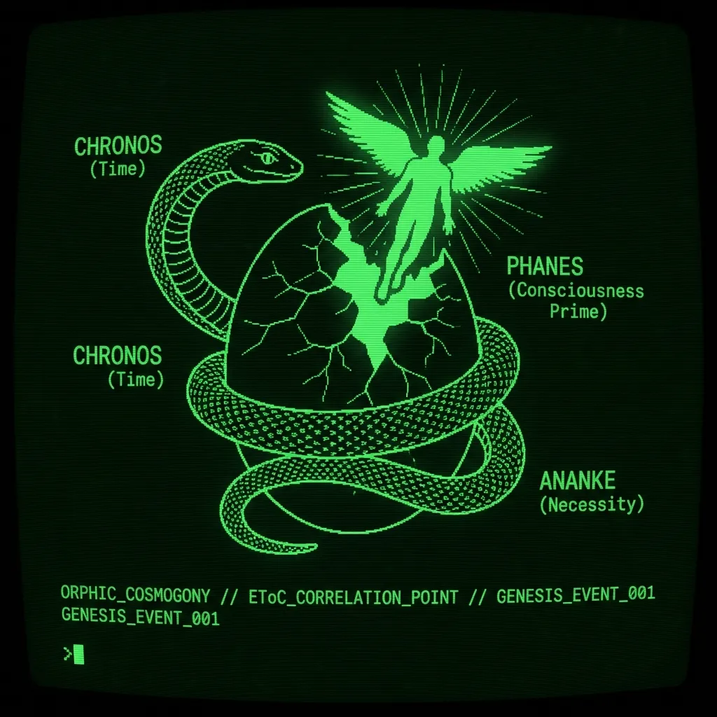 A digitized archaeological schematic depicting the Orphic World Egg. A segmented serpent, labeled 'CHRONOS (Time)' and 'ANANKE (Necessity)', coils …