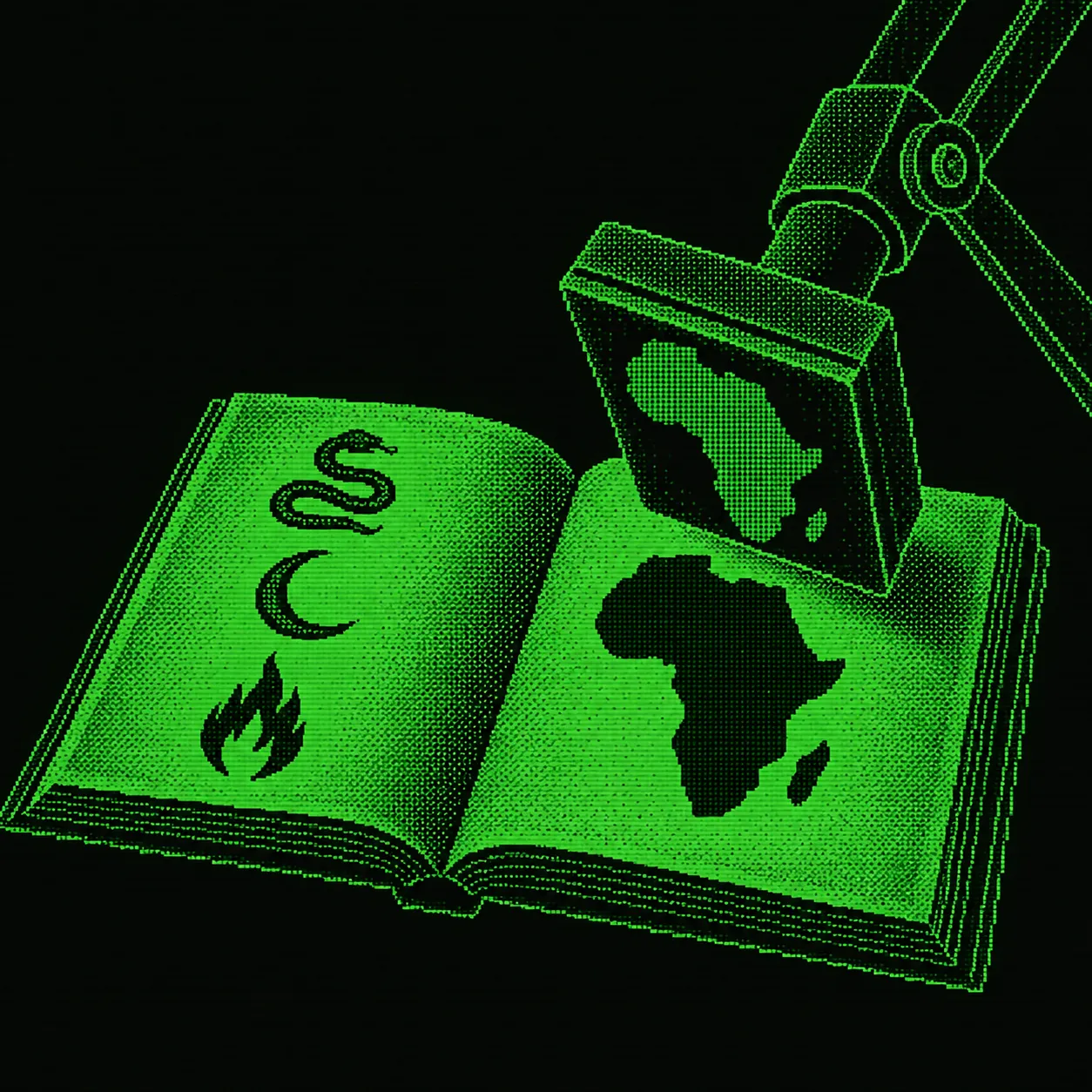 A green phosphor stamp presses an African map onto a book of serpent, moon, and fire myths.