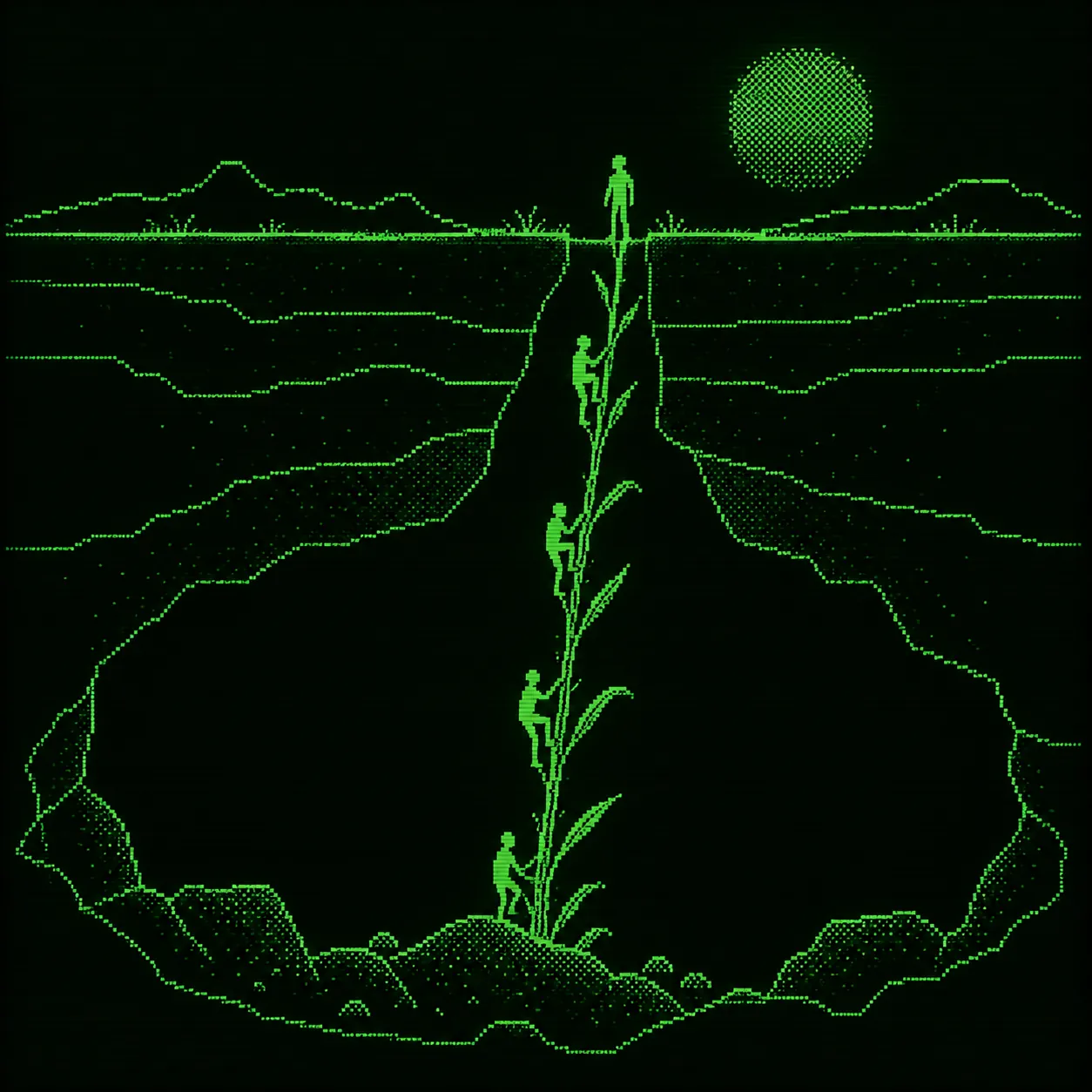 AI-generated cover People climb a reed from a dark earth chamber toward daylight, drawn in green phosphor pixels.