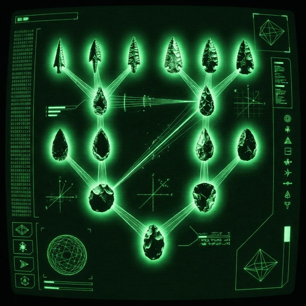 A mystical, esoteric illustration in dark green monochrome CRT terminal aesthetic. A 3D wireframe 'evolutionary tree' diagram where the nodes are …