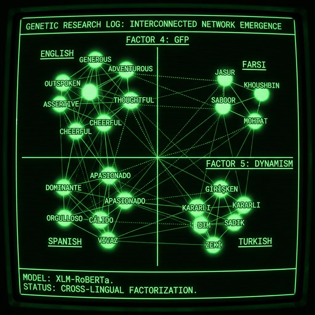 A complex, interconnected network diagram emerges from a Genetic research log display. Clusters of nodes represent different languages (English, …