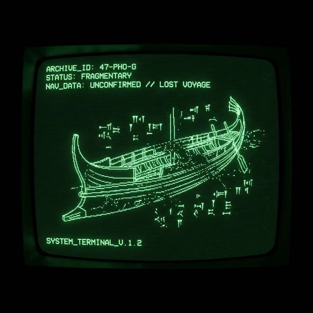 Ancient Phoenician merchant galley rendered as fragmentary technical schematic, hull lines dissolving into static at the edges. Cuneiform-like …
