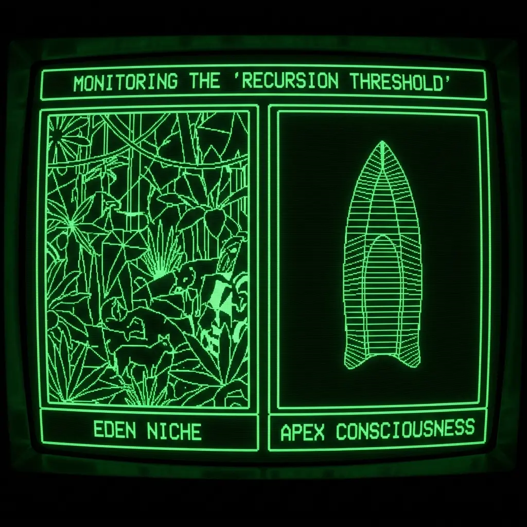 A mystical, esoteric illustration in dark green monochrome CRT terminal aesthetic (#00e300 on #0a0a0a). Split-screen CRT. Left: A dense wireframe …