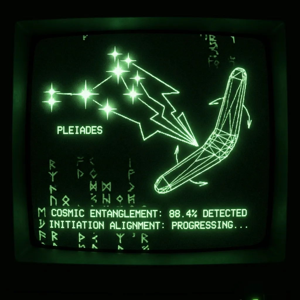 A mystical, esoteric illustration in dark green monochrome CRT terminal aesthetic (#00e300 on #0a0a0a). A dark green phosphor CRT display showing the …