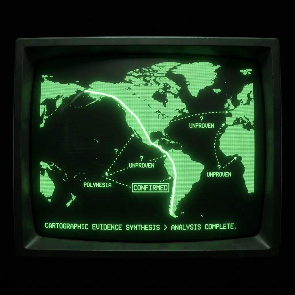 World map projection with two crossing lines: solid line from Beringia to Americas, dotted lines from Europe, Africa, Polynesia - all dotted lines …