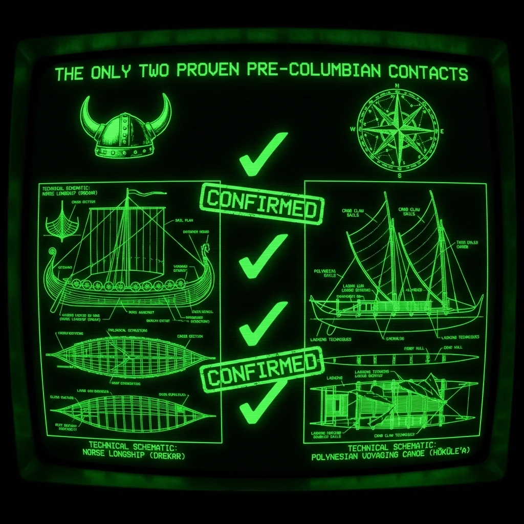 Norse longship and Polynesian double-hull canoe shown as dual technical schematics, positioned symmetrically. Between them: checkmark symbols and …