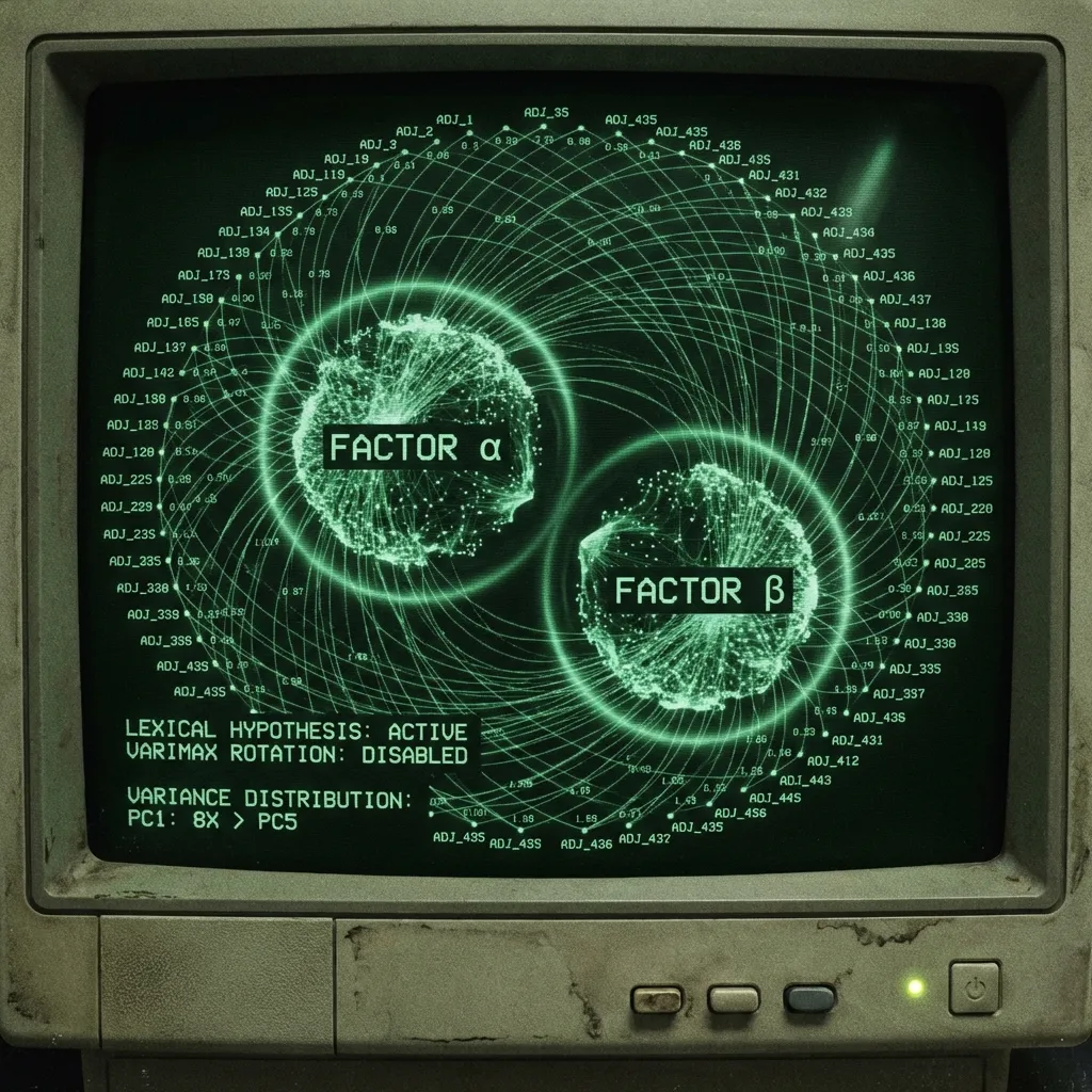 A detailed psychometric data analysis log displayed on a retro terminal. A swirling correlation matrix of 435 adjectives reduces into two dominant, …