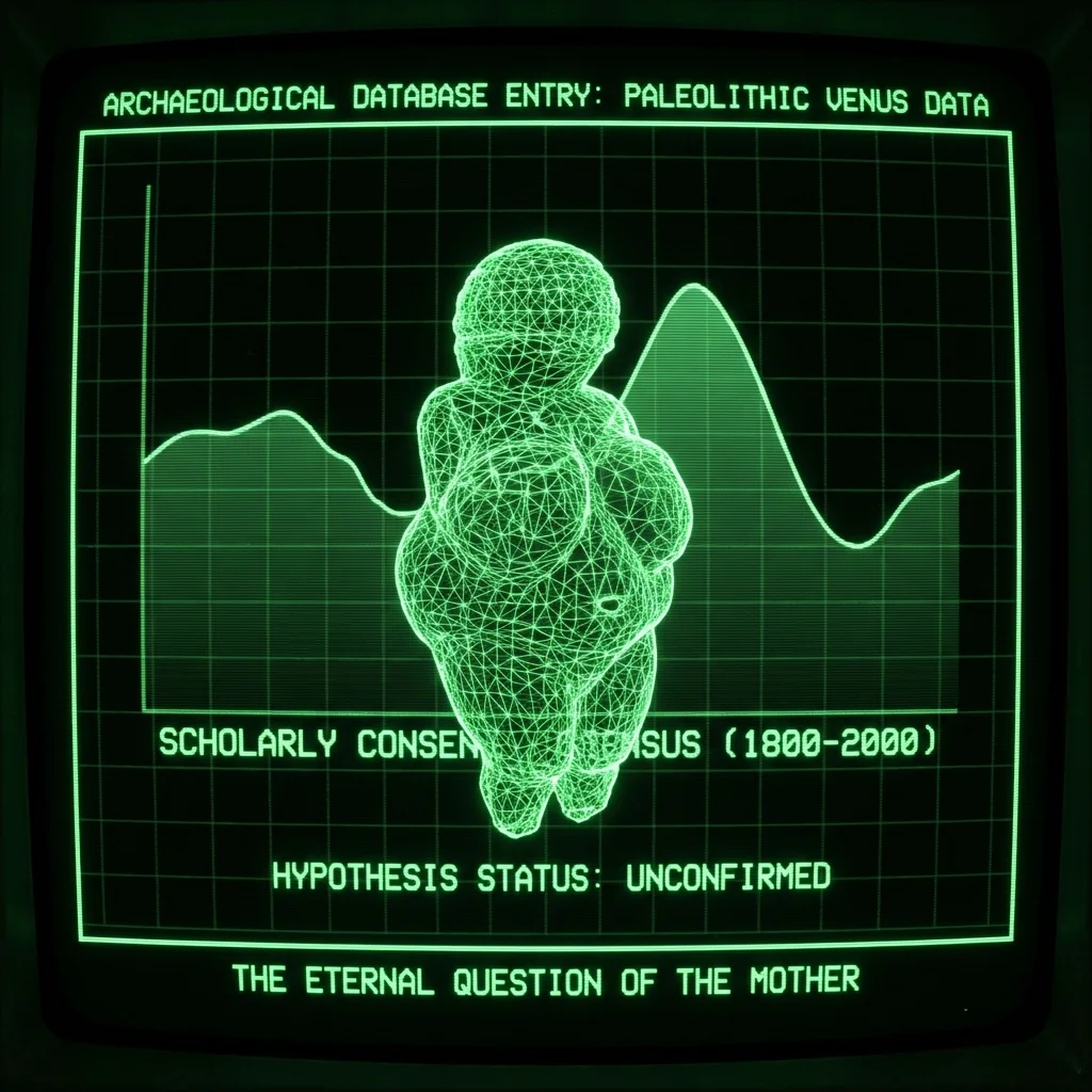 A Paleolithic Venus figurine rendered as wireframe data. Behind her, a faint graph showing the rise and fall of scholarly consensus over 200 years. …