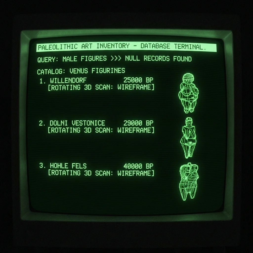 A catalog of Venus figurines displayed in a museum database. Each figure labeled with site and date: WILLENDORF 25000 BP, DOLNI VESTONICE 29000 BP, …