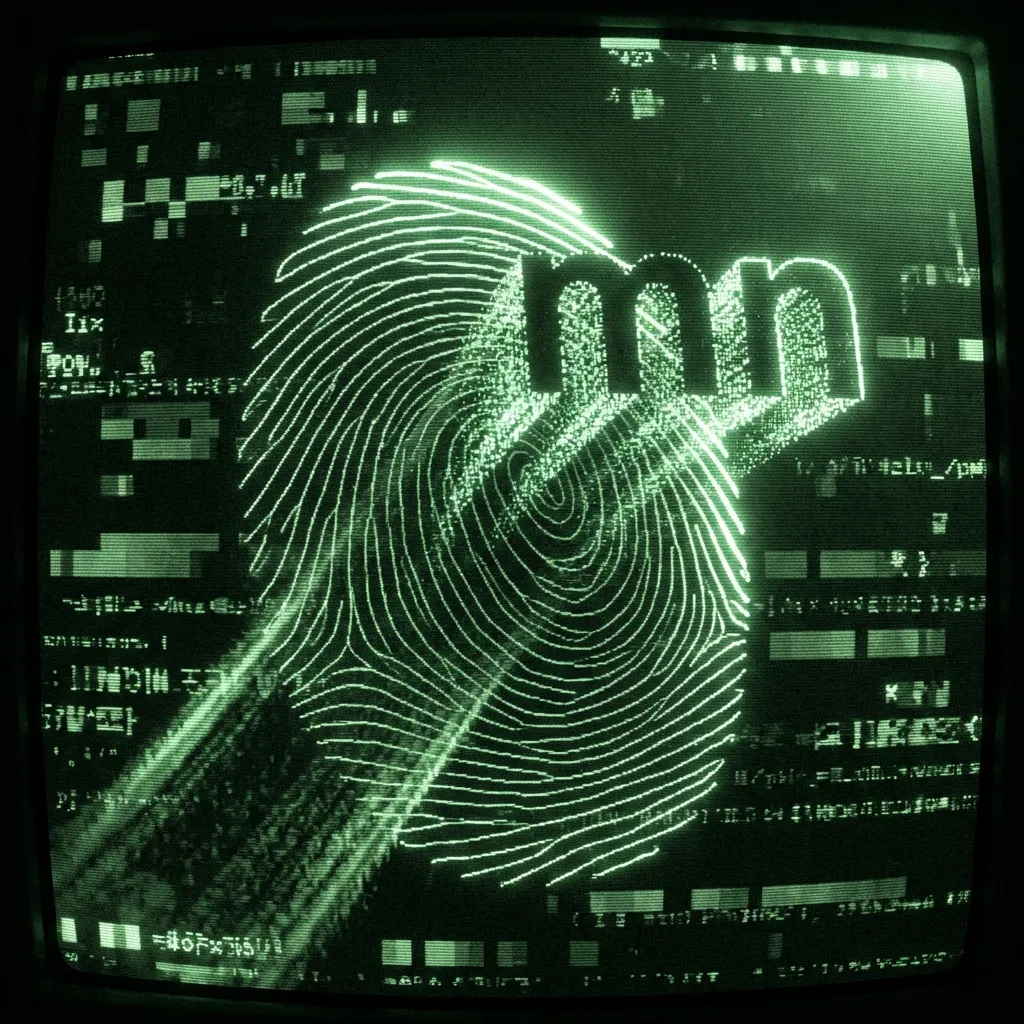 A mystical, esoteric illustration in dark green monochrome CRT terminal aesthetic. A macro view of a single glowing phosphor letter 'm' and 'n' …