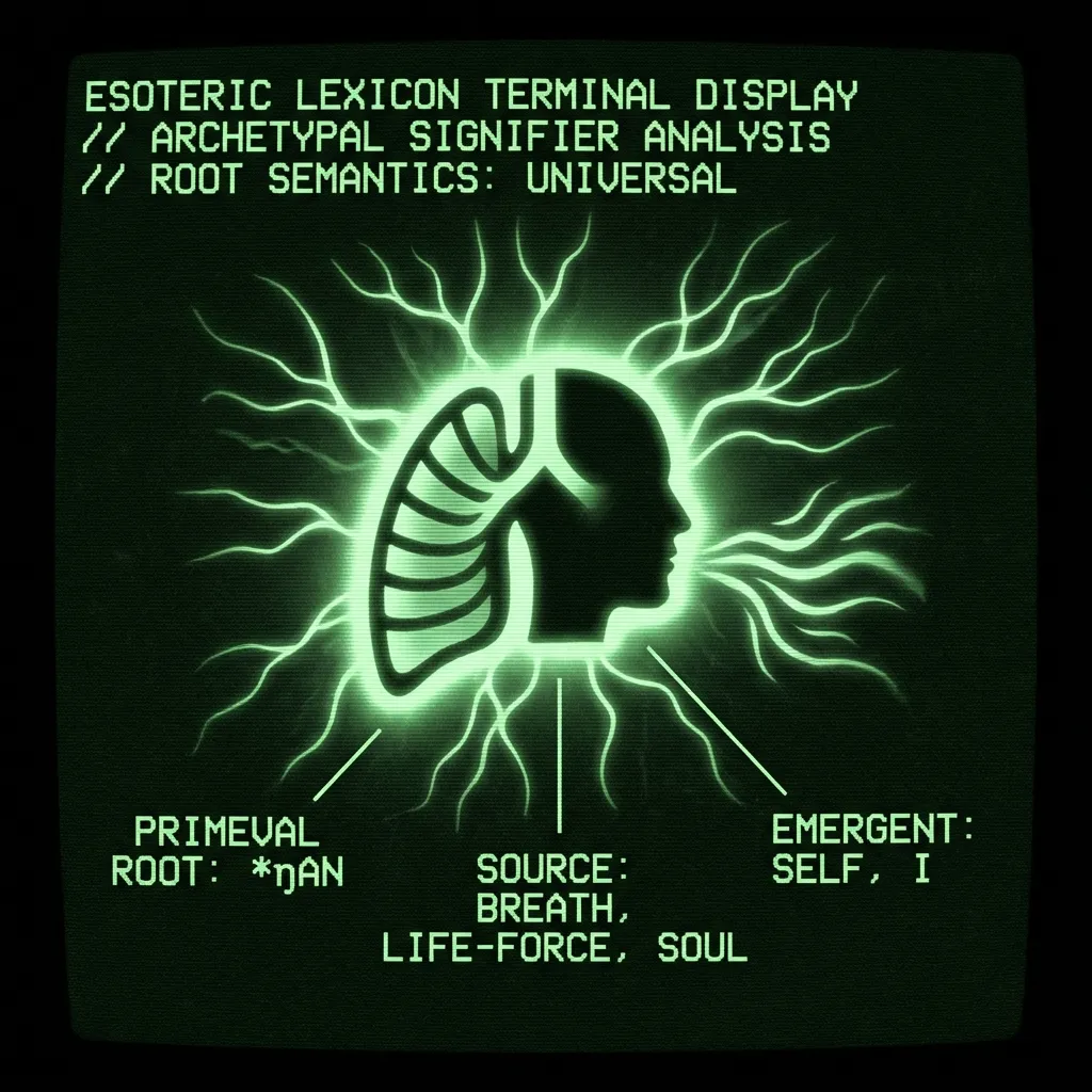 A glowing, abstract glyph representing *ŋAN floats centrally, radiating subtle energy lines that resemble both breathing and neural connections. The …