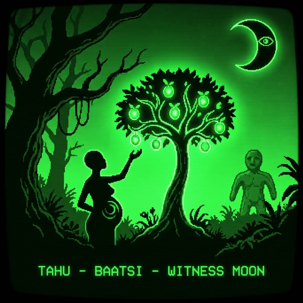 A mystical, esoteric illustration in dark green monochrome CRT terminal aesthetic. A high-contrast silhouette of the Ituri rainforest with ancient …