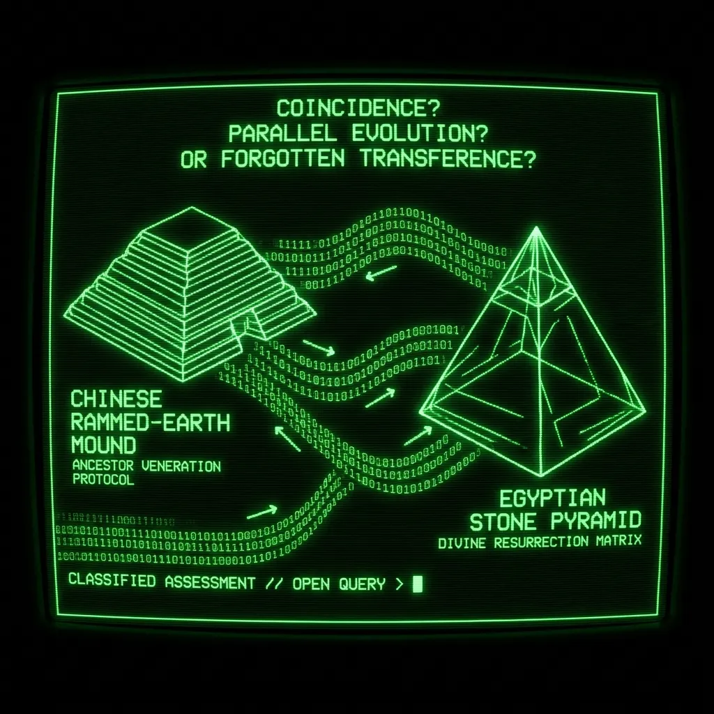 A classified archaeological assessment interface interrogates two spectral wireframe pyramid schematics: a towering, truncated Chinese rammed-earth …
