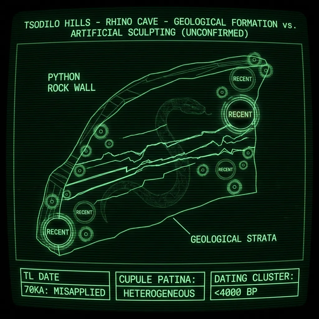 A cross-section wireframe schematic of the Tsodilo Hills 'python rock' wall. Geological strata lines fragment the supposed serpent form. Individual …