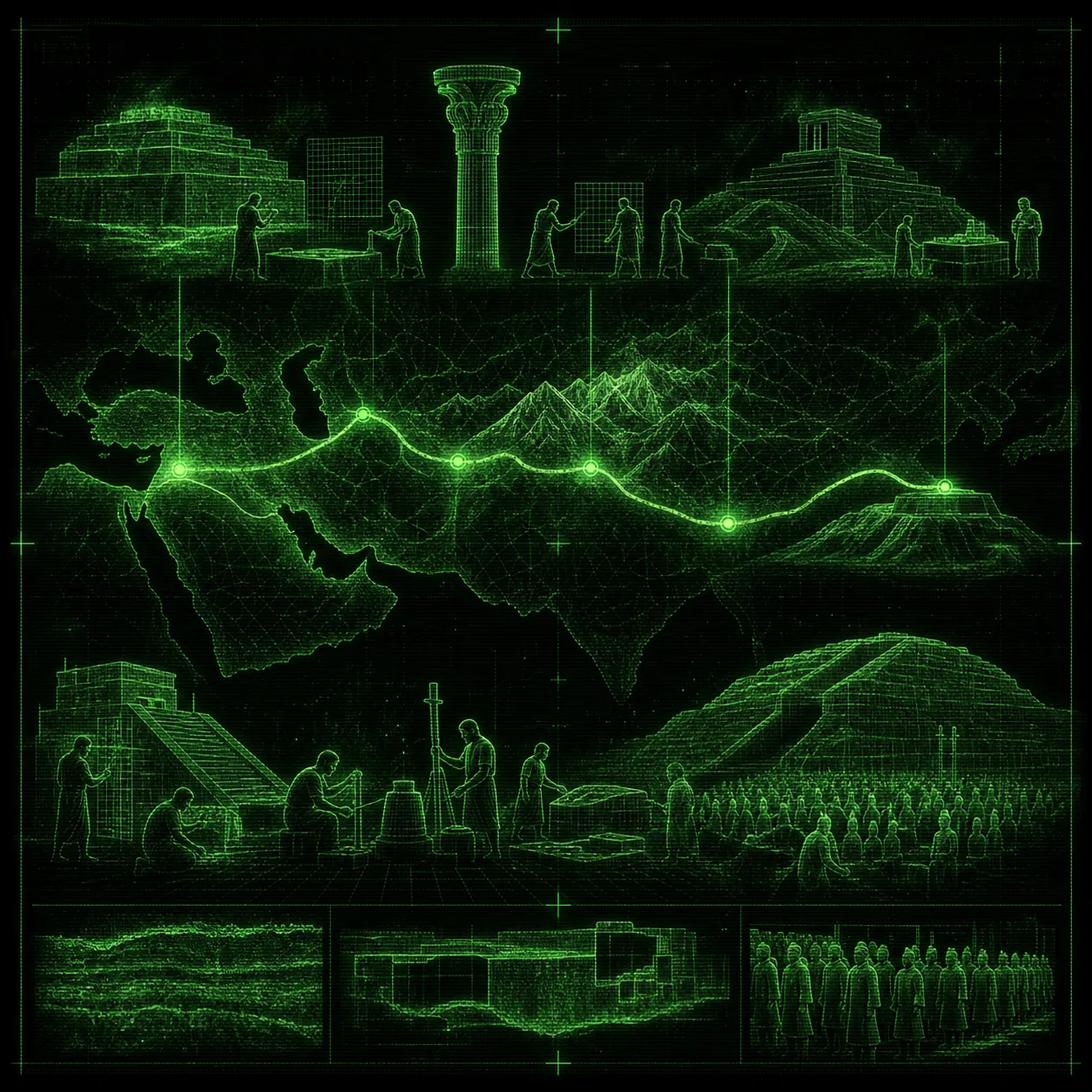 AI-generated cover Square editorial magazine cover, no text. A mystical archaeological visualization in dark green monochrome CRT terminal aesthetic on near-black. A …