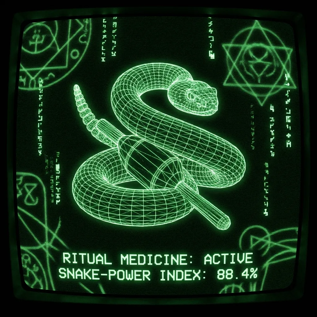 A mystical, esoteric illustration in dark green monochrome CRT terminal aesthetic (#00e300 on #0a0a0a). A dark green phosphor CRT terminal showing a …