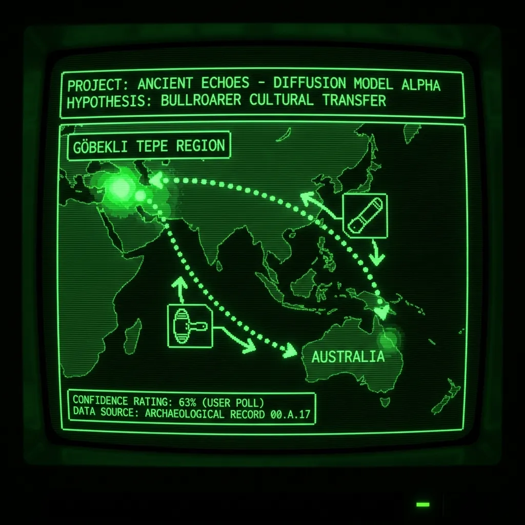 A dynamic cartographic terminal display, tracing the hypothesized diffusion paths of ancient traditions. Dotted green lines pulse, linking a …