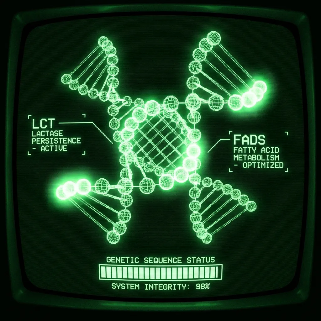 AI-generated cover A mystical, esoteric illustration in dark green monochrome CRT terminal aesthetic (#00e300 on #0a0a0a). A 3D green wireframe double helix DNA strand …